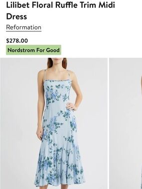 Reformation Light Blue Floral Ruffle-Trim Midi Dress